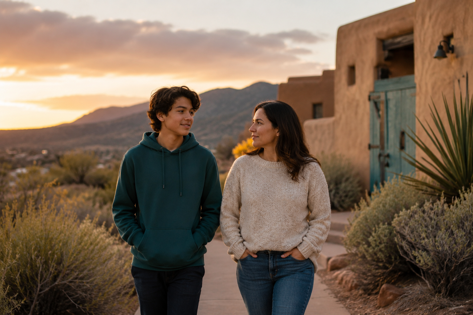 Teen and parent walking outside
